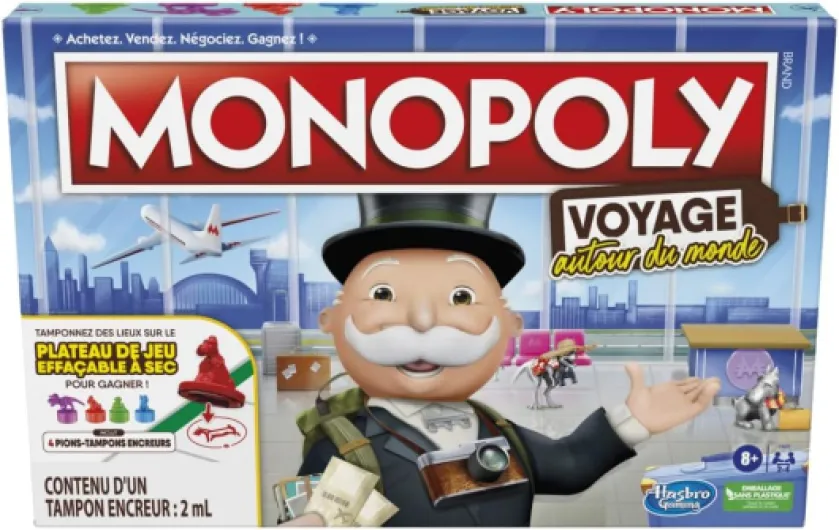 Hasbro Gaming Monopoly Voyage Autour du Monde - Jeu de société pour Famille et Enfants, Pions-tampons encreurs, Plateau de Jeu effaçable à Sec, 8 Ans et Plus, Multicolore Version standard