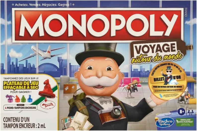 Hasbro Gaming Monopoly Voyage Autour du Monde, pour Famille et Enfants, dès 8 Ans, avec pions-tampons encreurs et Plateau effaçable à Sec, Multicolore, L Version « opération billet d’or *»