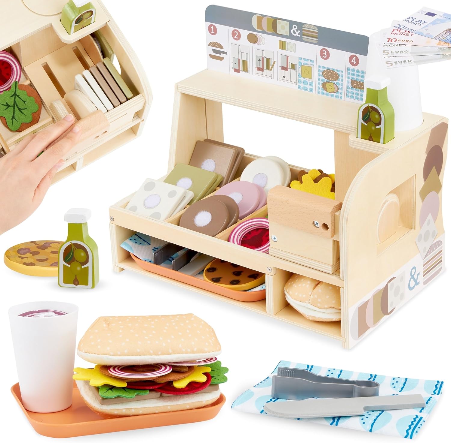 Bar à Sandwich en Bois pour Enfants à partir de 3 Ans, Restaurant Jouet, Nourriture Jouet - Sandwichs, Jeu de rôle - Chef, Accessoires de Cuisine Jouets pour Enfants