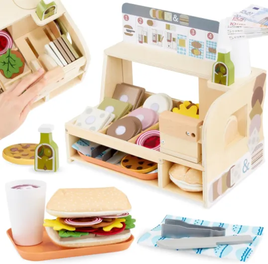 Bar à Sandwich en Bois pour Enfants à partir de 3 Ans, Restaurant Jouet, Nourriture Jouet - Sandwichs, Jeu de rôle - Chef, Accessoires de Cuisine Jouets pour Enfants