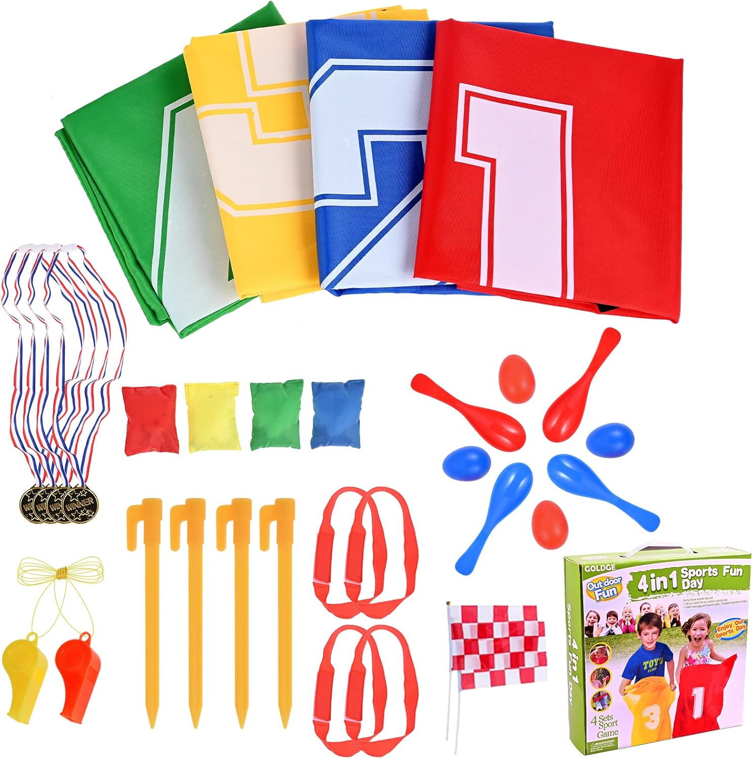 GOLDGE Jeux Exterieur Enfant, Course de Sac, Course À 3 Pattes, Jeux Anniversaire Exterieur, Course Aux Oeufs-avec Médaille, 32PCS 4-in-1 Ensemble de Sports Day Jeux, Fête Jeux pour Enfants Adultes Version classique