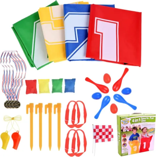 GOLDGE Jeux Exterieur Enfant, Course de Sac, Course À 3 Pattes, Jeux Anniversaire Exterieur, Course Aux Oeufs-avec Médaille, 32PCS 4-in-1 Ensemble de Sports Day Jeux, Fête Jeux pour Enfants Adultes Version classique