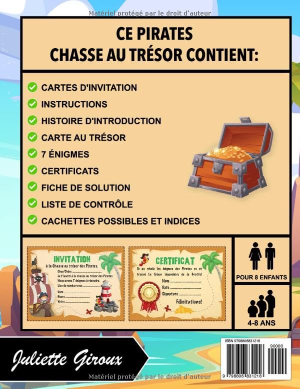 Chasse au Trésor Enfant Anniversaire Pirates: Kit Complet pour Enfants de 4 à 8 ans - Carte au Trésor, Énigmes, Invitations et Certificats - Tout Compris!