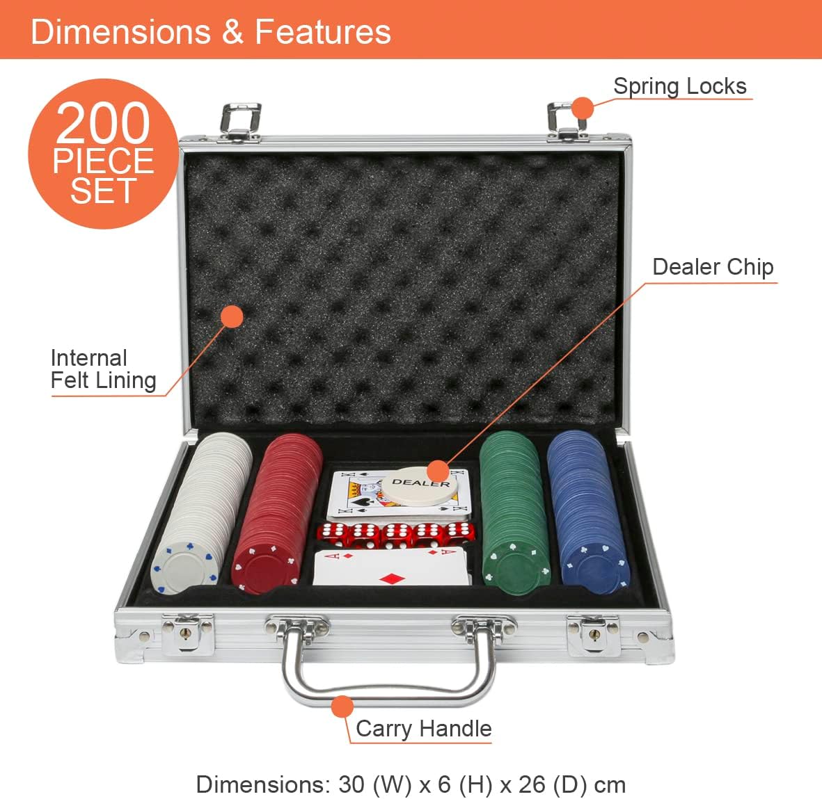 Global Gizmos Malette de Poker Dés/jetons/Cartes dans Un étui en Aluminium (200 pièces) 2.95 x 12.2 x 9.65 inches Standard