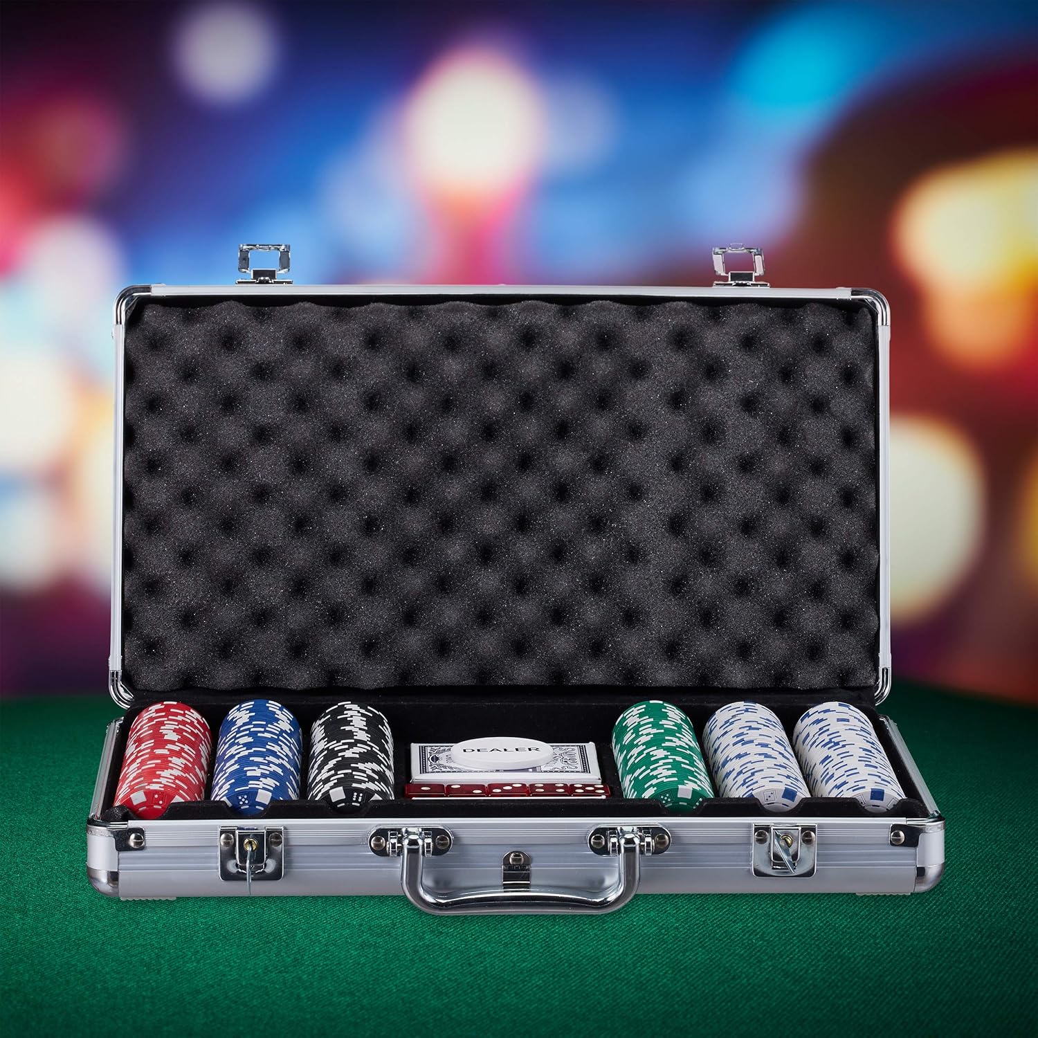 Coffret de 300 jetons de poker laser 2 cartes 5 cubes Bouton Dealer Mallette en aluminium verrouillable Argenté