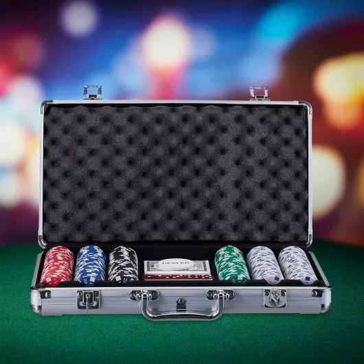 Coffret de 300 jetons de poker laser 2 cartes 5 cubes Bouton Dealer Mallette en aluminium verrouillable Argenté