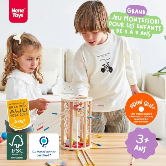 BALLFALL Grand – Jouet Montessori pour Enfants 3 4 5 6 Ans – Jeu de Société en Bois avec Bâtonnets Colorés, Dés & Cartes – Jeu Éducatif et Familial – Cadeau pour Garçons Filles 3 à 9 Ans