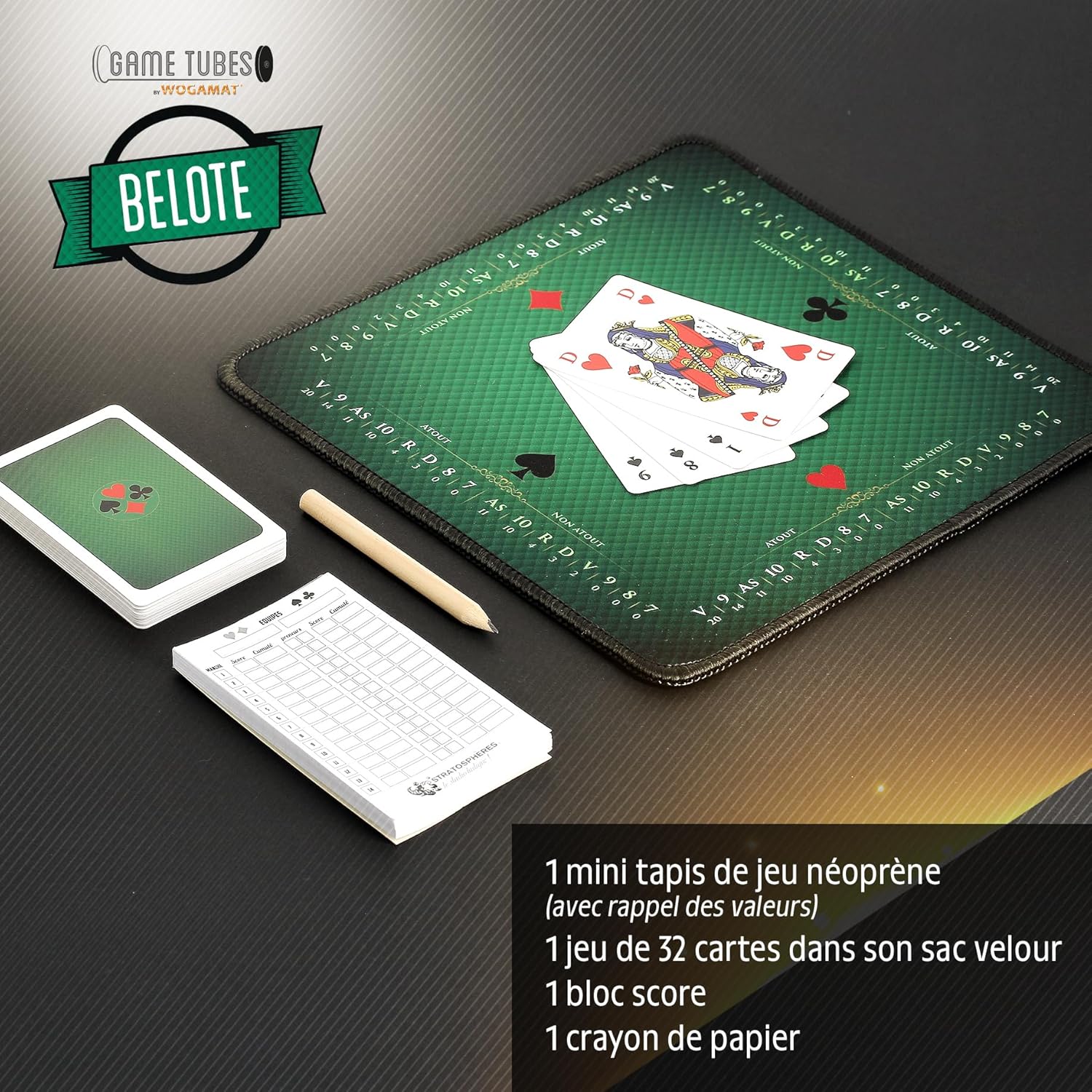 Game Tubes Belote - Kit Complet pour Jeu de Belote avec Tapis Antidérapant en Néoprène + Jeu 32 Cartes + Bloc de Feuilles de Score et Crayon