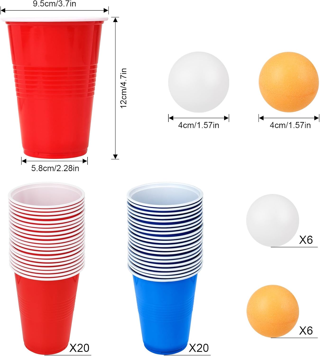 Beer Jouer Pong Kit, Jeux à Boire Gobelets, 40 Réutilisables Tasse de Bière Pong (20 Rouge + 20 Bleu) et 12 Balles, Réutilisables, pour Une Fête d'anniversaire, Une Réunion d'amis, Camping Jeu