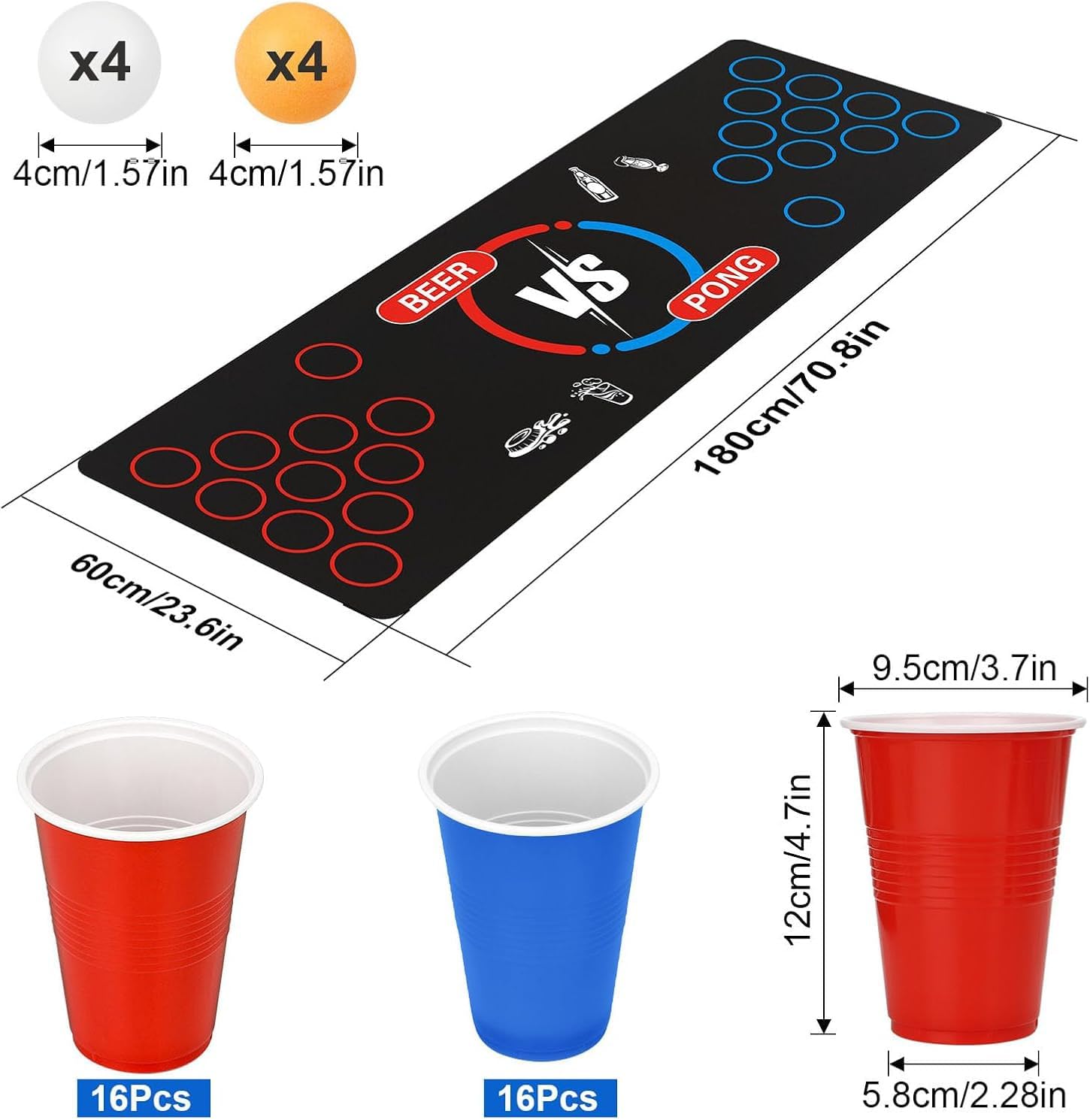 Gobelet Beer Pong Kit, Jeux à Boire Gobelets Contenant 32 Balles de Bière Pong (16 Rouge + 16 Bleu), 1 Set de Table e 8 Balles, Réutilisables, pour Faire la fête, Une Réunion d'amis