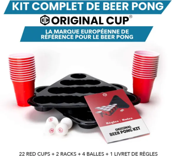 Beer Pong® - Kit Beer Pong Officiel - Qualité Premium - 22 Red Cups - 2 Racks d'Emplacement - 4 Balles - Règles Officielles - Jeu à Boire - Jeu Soirée Beer Pong Kit 2