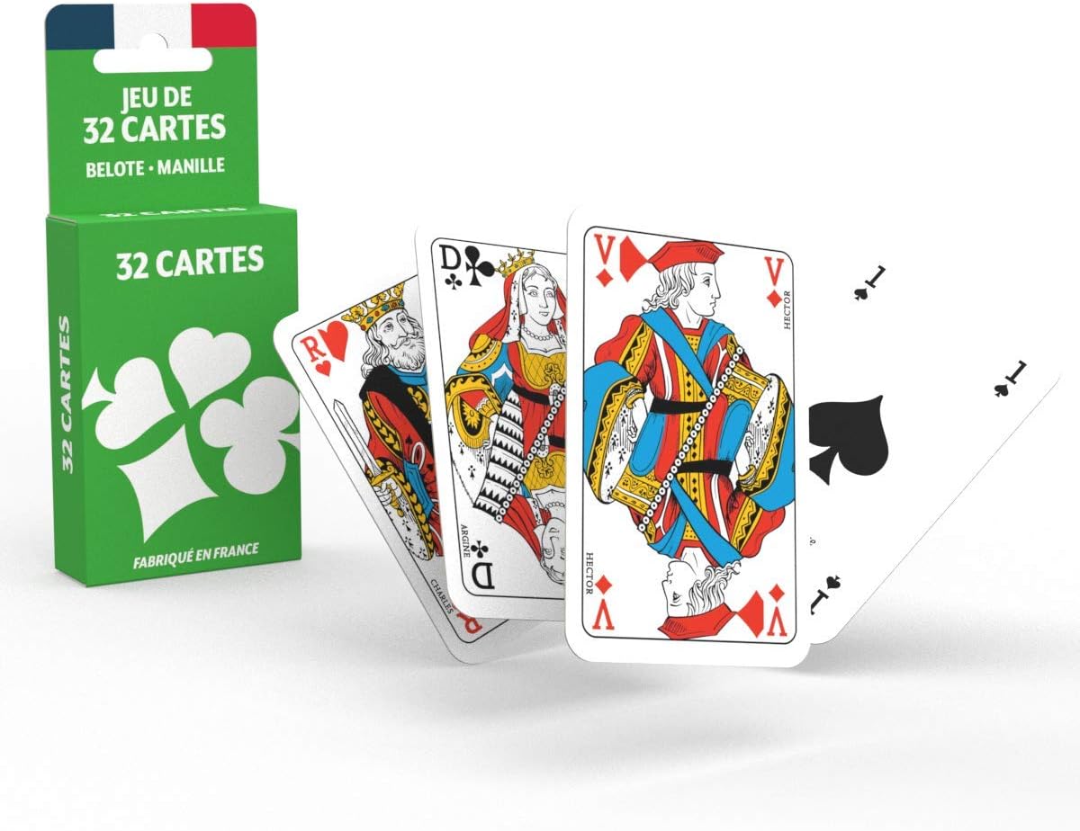 Jeu de 32 Cartes - Jeu de belote, Manille, Poker Menteur, 19cm x 10cm x 1,5cm (Lot de 4)
