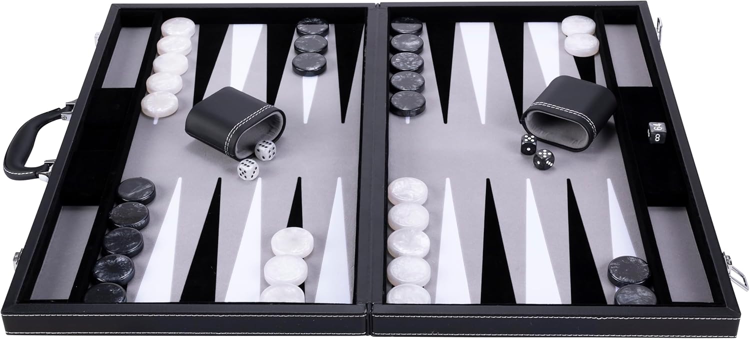 250537 - Grand Jeu de Backgammon de Luxe 21 Pouces - 54 cm - Gris - Simili Cuir Haut de Gamme - Incrustation Feutre Spécial - Pions et Dés Nacrés + 2 Gobelets – Ouvert : 63 x 54 x 2,8 cm Gris/Noir/Blanc