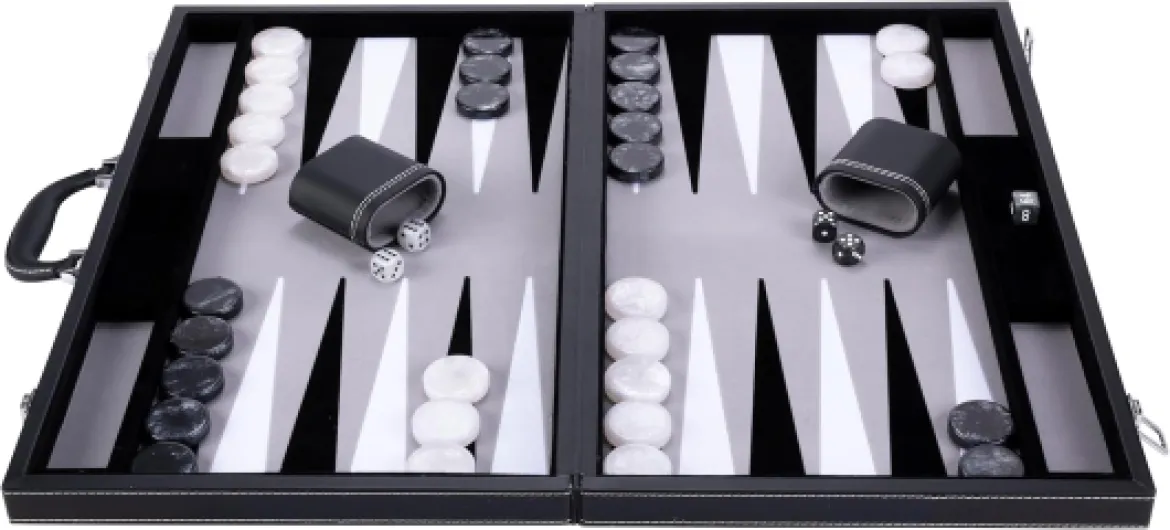 250537 - Grand Jeu de Backgammon de Luxe 21 Pouces - 54 cm - Gris - Simili Cuir Haut de Gamme - Incrustation Feutre Spécial - Pions et Dés Nacrés + 2 Gobelets – Ouvert : 63 x 54 x 2,8 cm Gris/Noir/Blanc