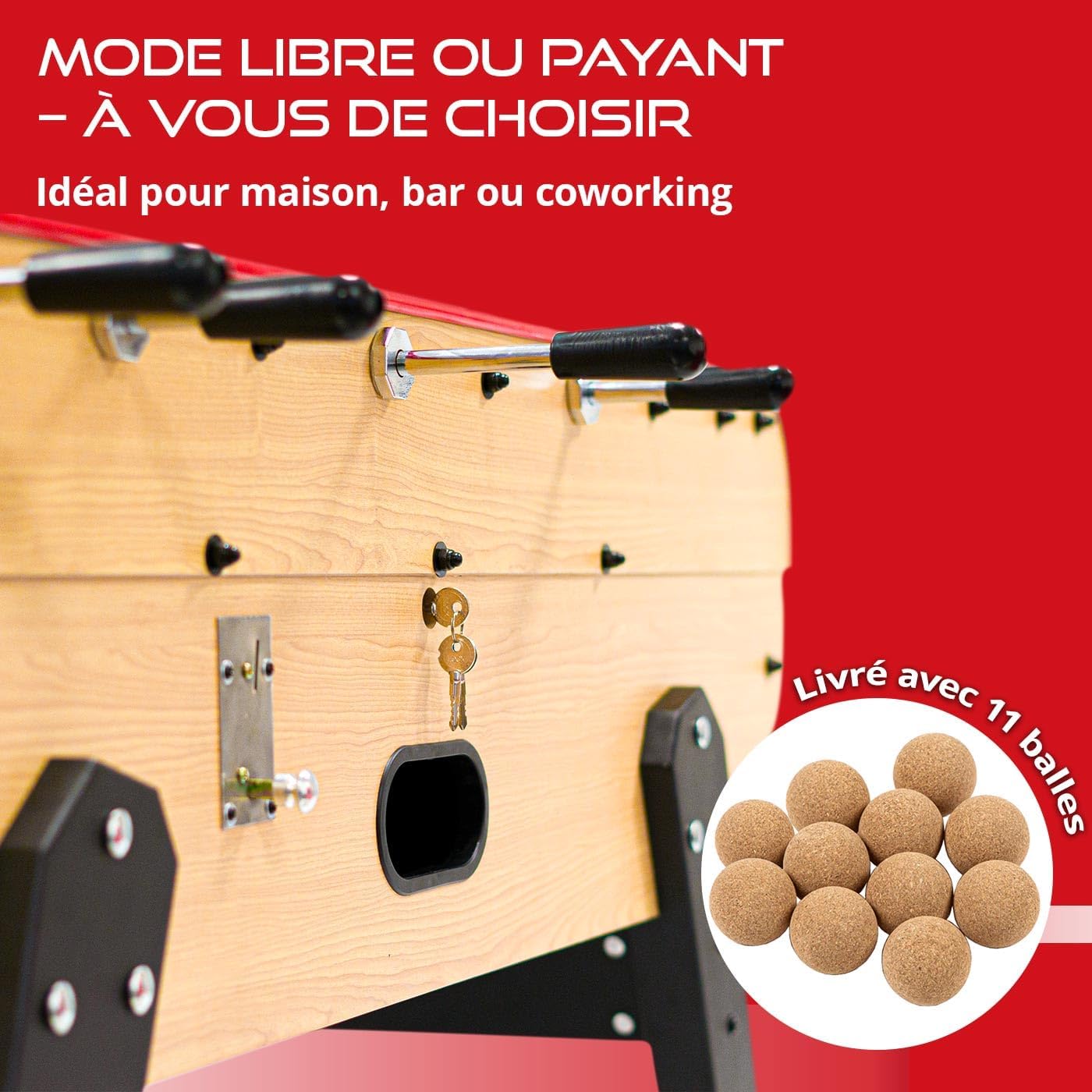 Babyfoot Adulte Intérieur Bistrot 155,3 cm avec Monnayeur - Table de Jeux Familiale et Professionnelle Robuste Bois Clair