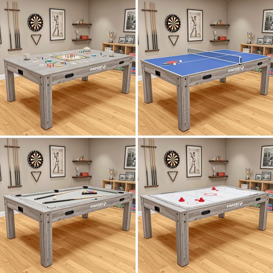 PINPOINT Table multi-jeux 4 en 1 – Billard, air hockey, tennis de table et jeux de table – Table d'intérieur pleine taille de 2,1 m avec accessoires inclus – Finition bois flotté gris pour salles de