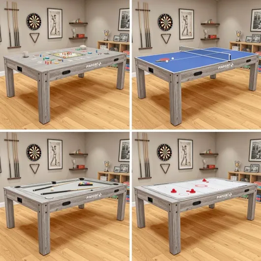 PINPOINT Table multi-jeux 4 en 1 – Billard, air hockey, tennis de table et jeux de table – Table d'intérieur pleine taille de 2,1 m avec accessoires inclus – Finition bois flotté gris pour salles de