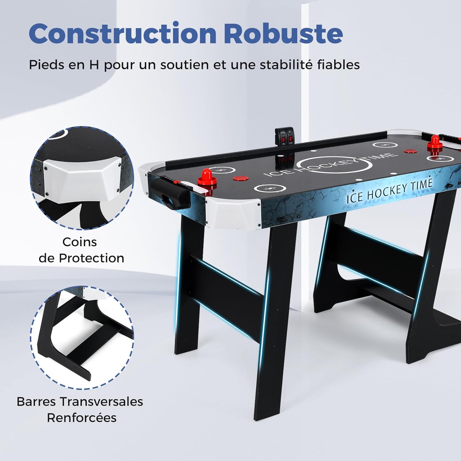 Table Air Hockey Enfants et Adultes, Table de Jeu de Palet Hockey avec Score Électronique LED& Lumières, Style Arcade avec 2 Palets, 2 Poignées 144 x 68 x 79 cm