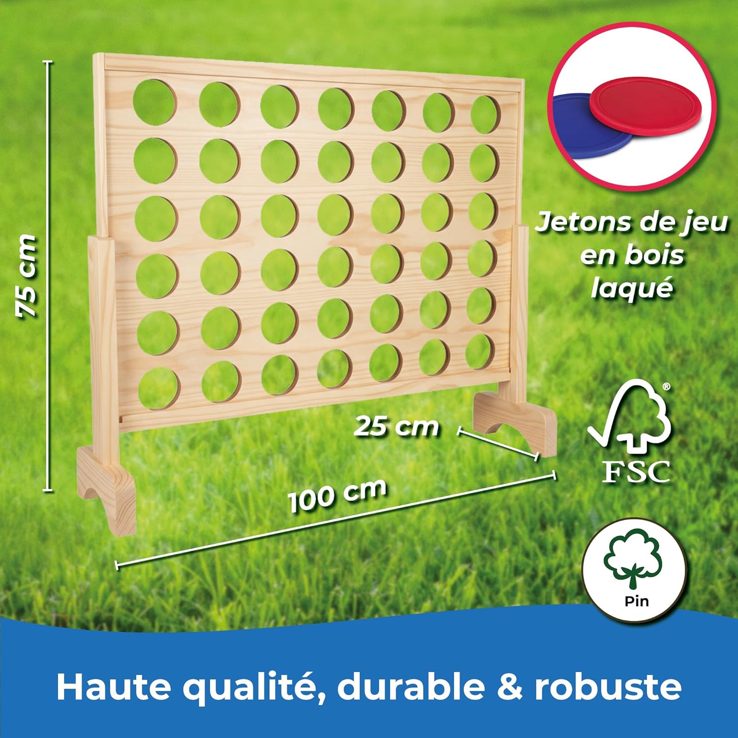 Puissance 4 XXL Jeu de Societe Nature – Puissance 4 Geant en Bois certifié FSC® – Jeu Exterieur & Interieur – Jeu de stratégie pour Adultes & Enfants à partir de 4 Ans - Ace