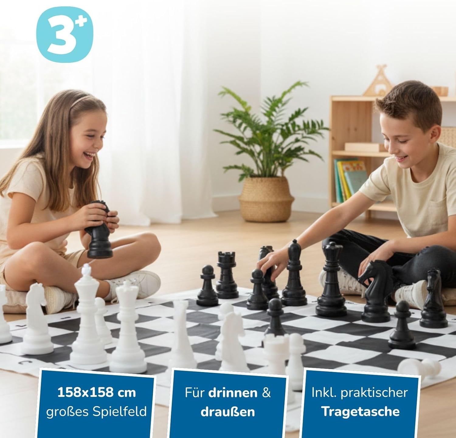 Alldoro 60080 Jeu d'échecs de Jardin, avec 32 pièces d'échecs, avec Sac de Transport, Grand Tapis de Jardin avec Motif d'échiquier, pour Enfants à partir de 3 Ans et Adultes Multicolore