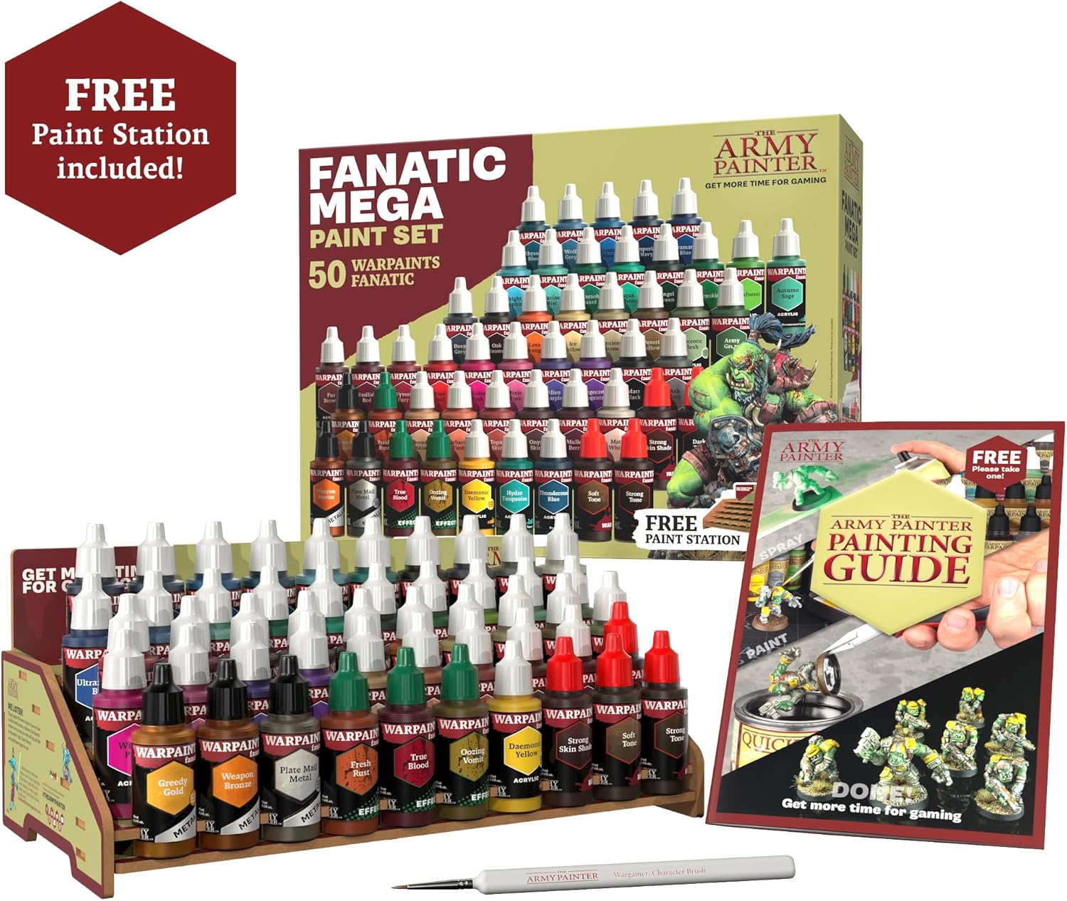 Warpaints Fanatic Mega Set, 50 x 18 ml Peintures Acryliques incl - Teintes de Peau, Métalliques, Effets, Lavis, 1 Station de Peinture & 1 Pinceau - Warhammer & D&D.