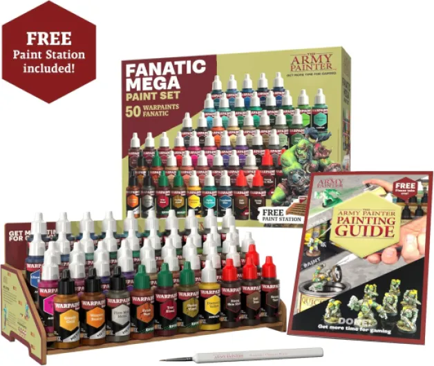 Warpaints Fanatic Mega Set, 50 x 18 ml Peintures Acryliques incl - Teintes de Peau, Métalliques, Effets, Lavis, 1 Station de Peinture & 1 Pinceau - Warhammer & D&D.