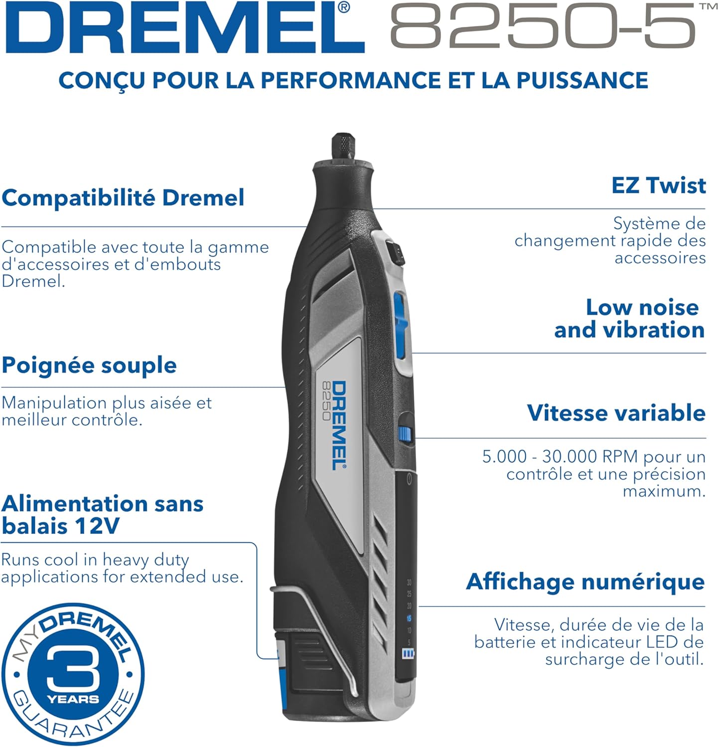 8250 Outil rotatif sans fil 12 V 5 000-30 000 tr/min Kit d'outils multifonctions sans balais avec boîte Dremel, 65 accessoires, 5 accessoires et embouts, pour poncer, fraiser, graver