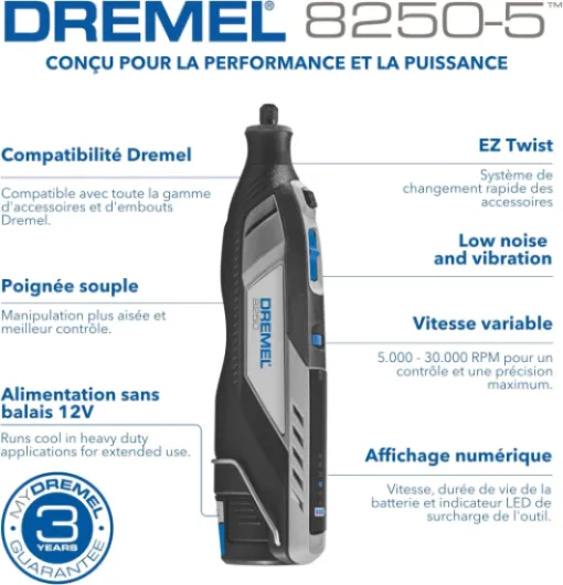 8250 Outil rotatif sans fil 12 V 5 000-30 000 tr/min Kit d'outils multifonctions sans balais avec boîte Dremel, 65 accessoires, 5 accessoires et embouts, pour poncer, fraiser, graver