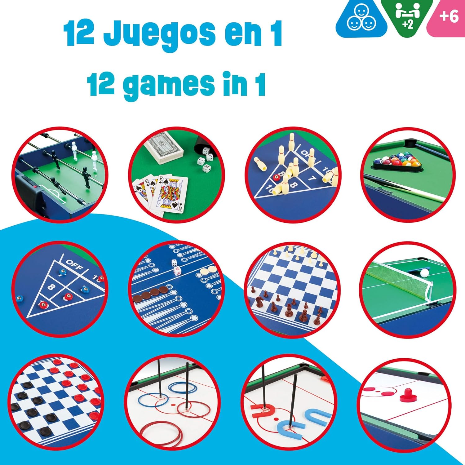 COLORBABY - Table multijeux, Baby-foot en bois, Table de billard convertible, 12 jeux, Jouets pour adultes et enfants à partir de 6 ans - 104 x 57.5 x 69 cm Grande table 12 multijeux