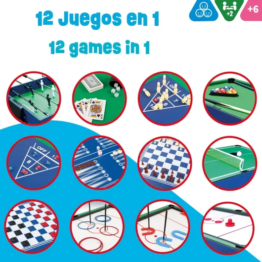 COLORBABY - Table multijeux, Baby-foot en bois, Table de billard convertible, 12 jeux, Jouets pour adultes et enfants à partir de 6 ans - 104 x 57.5 x 69 cm Grande table 12 multijeux