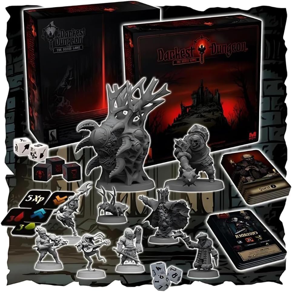 Générique Darkest Dungeon VF Jeu de Société Coopératif, 1-4 Joueurs, Base + Figurines, 138 Figurines en Plastique, Cartes et Composants, Version Française