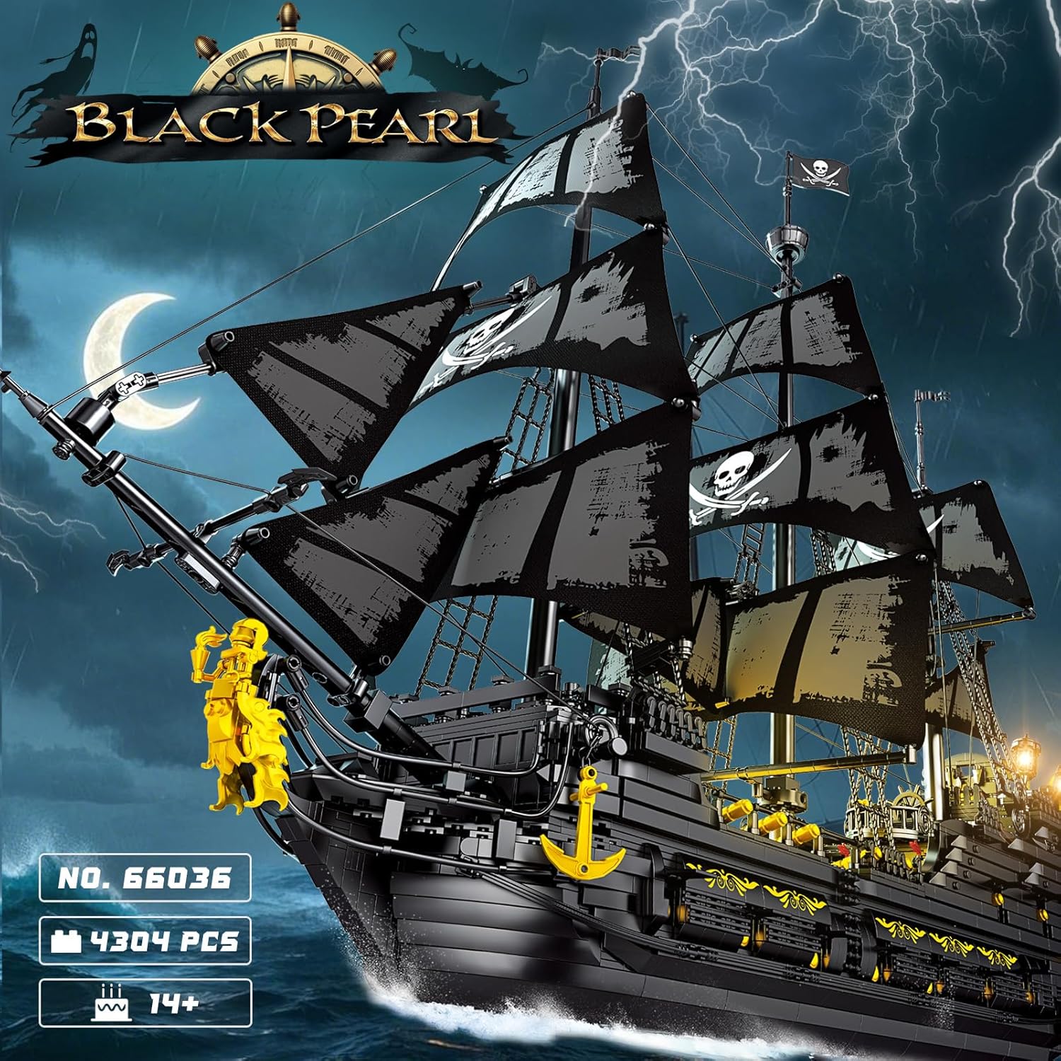Reobrix 66036 Bateau Pirate Black Pearl avec LED, Grande Maquette de Bateau à Construire, Aventure du Navire Fantôme Cadeau Saint-Valentin pour Adultes, Adolescents, Garçons, Décoration (4304 Pièces)