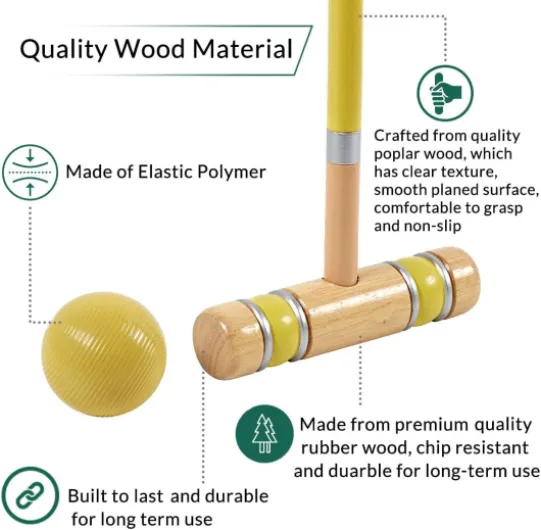 ApudArmis Ensemble de Croquet pour 6 Joueurs avec maillets en Bois de pin de qualité supérieure, Balle colorée, guichets, piquets – Jeu de pelouse pour Adultes/Adolescents/Famille (Grand Sac de