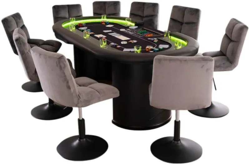 Home Deluxe - Table de Poker avec 2 chaises Double UP - Table avec éclairage LED et Porte-Boissons, Dimensions : 215 x 106 x 78 cm, Couleur des chaises : Gris Clair I Table de Jeu Table de Poker