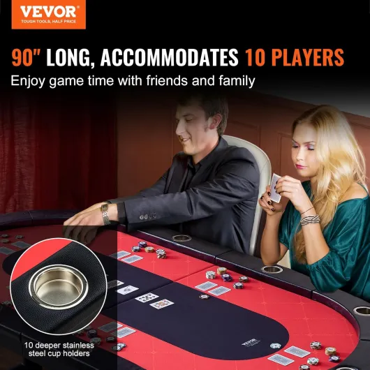 Table de Poker Pliable 229 cm pour 10 Joueurs Table de Casino Blackjack Texas Holdem avec Rails Rembourrés et Porte-Gobelets en Acier Inoxydable Table de Jeu de Cartes Jeu de Société Maison Rouge 1410x1220x306 mm