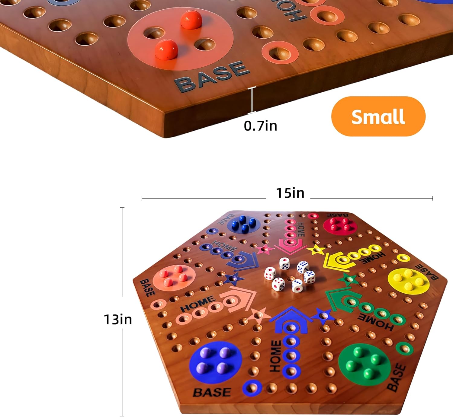 Jeu de société en bois, jeu de société original en marbre peint double face pour 2 à 6 joueurs avec 6 couleurs, 24 billes, 6 dés pour adultes et enfants (flamme de 38,1 cm) 15 INCH-Flame