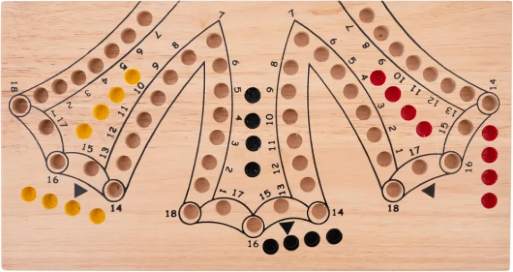 350264 - Jeu de Tock en Bois XL - 6 Joueurs - Coffret en Bois d'hévéa Pliable- Jeu de Société Traditionnel Canadien - Parcours avec Cartes – 2 à 6 Joueurs - à partir de 6 Ans Tock 6 Joueurs XL