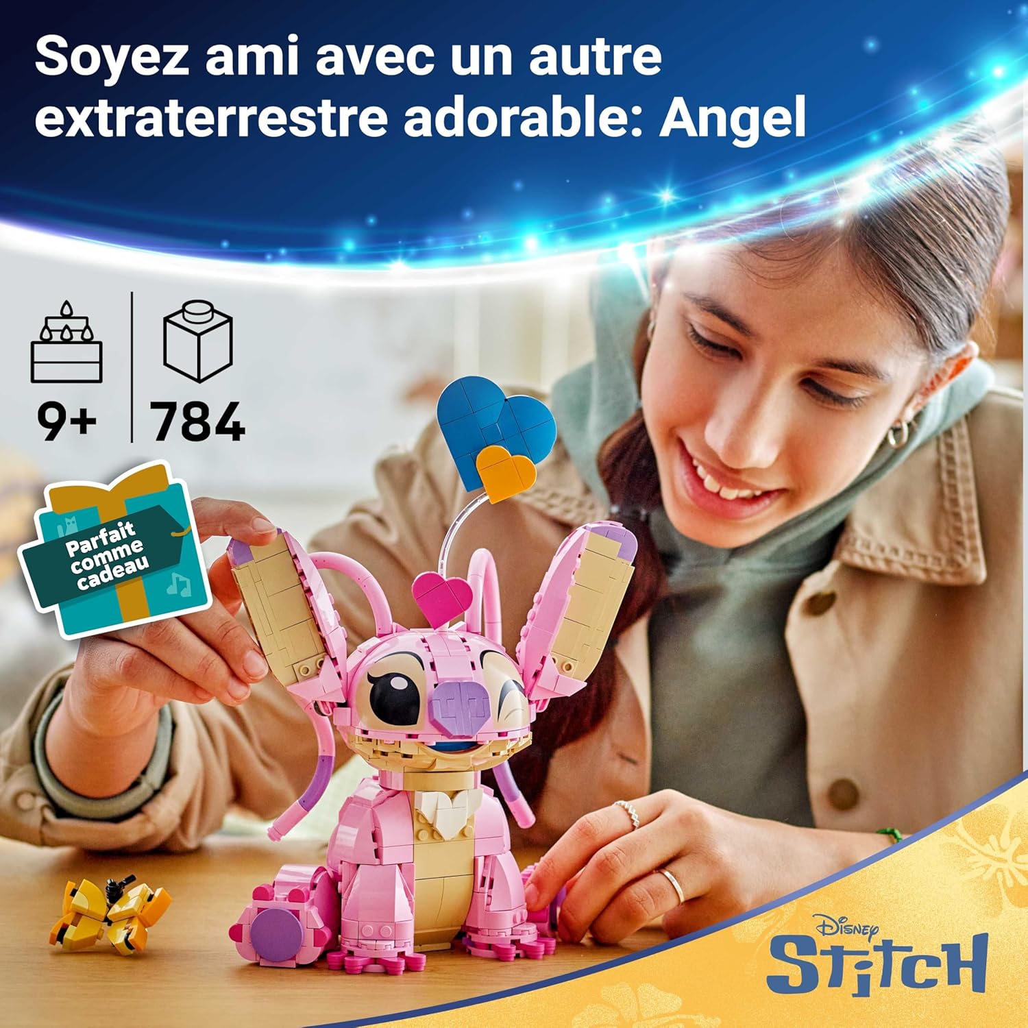 ǀ Disney Angel - Jouet de Construction Lilo & Stitch dès 9 Ans - Figurine en Briques avec 3 Ballons en Cœur & Un Papillon - Décoration Intérieure - Cadeau pour Fille, Garçon ou Adulte 43257