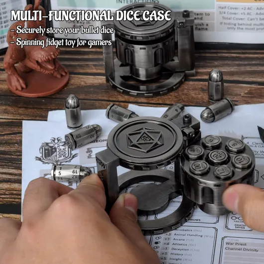 Lot de 7 dés polyédriques en métal avec récipient cylindrique rotatif – Dés de style cyberpunk pour jeux de table sur le thème D&D, science-fiction, guerre ou crime (argent)
