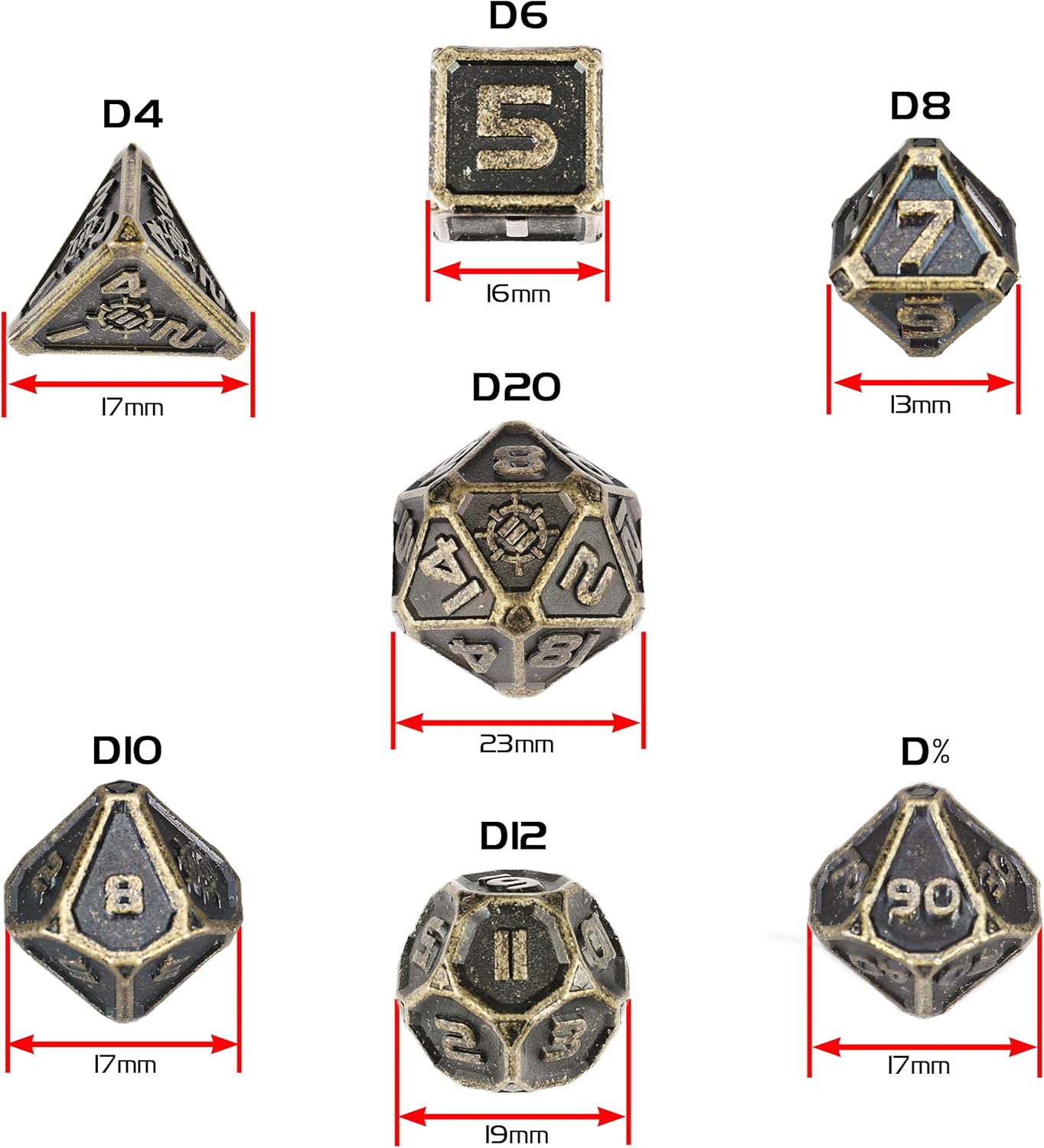 ENHANCE Ensemble de Dés en Métal DND - 7 Dés en Zinc Massif avec étui de Rangement en Métal et Sac Inclus - RPG pour Donjons et Dragons, Pathfinder, etc - (Bronze Antique) Ancient Bronze