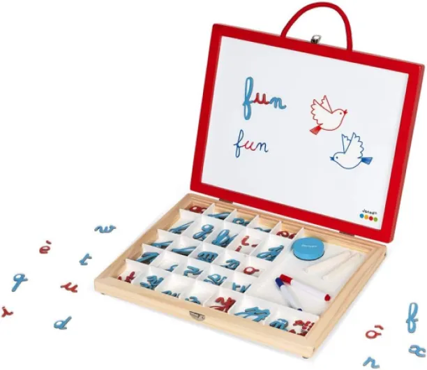 , Essentiel, Mallette de Lettres Cursives 4 en 1 en Bois, Jeu Pédagogique, Apprentissage des Lettres et de la Lecture, 110 Accessoires Inclus, Peinture à l'eau, Dès 3 Ans, J05073, Multicolore