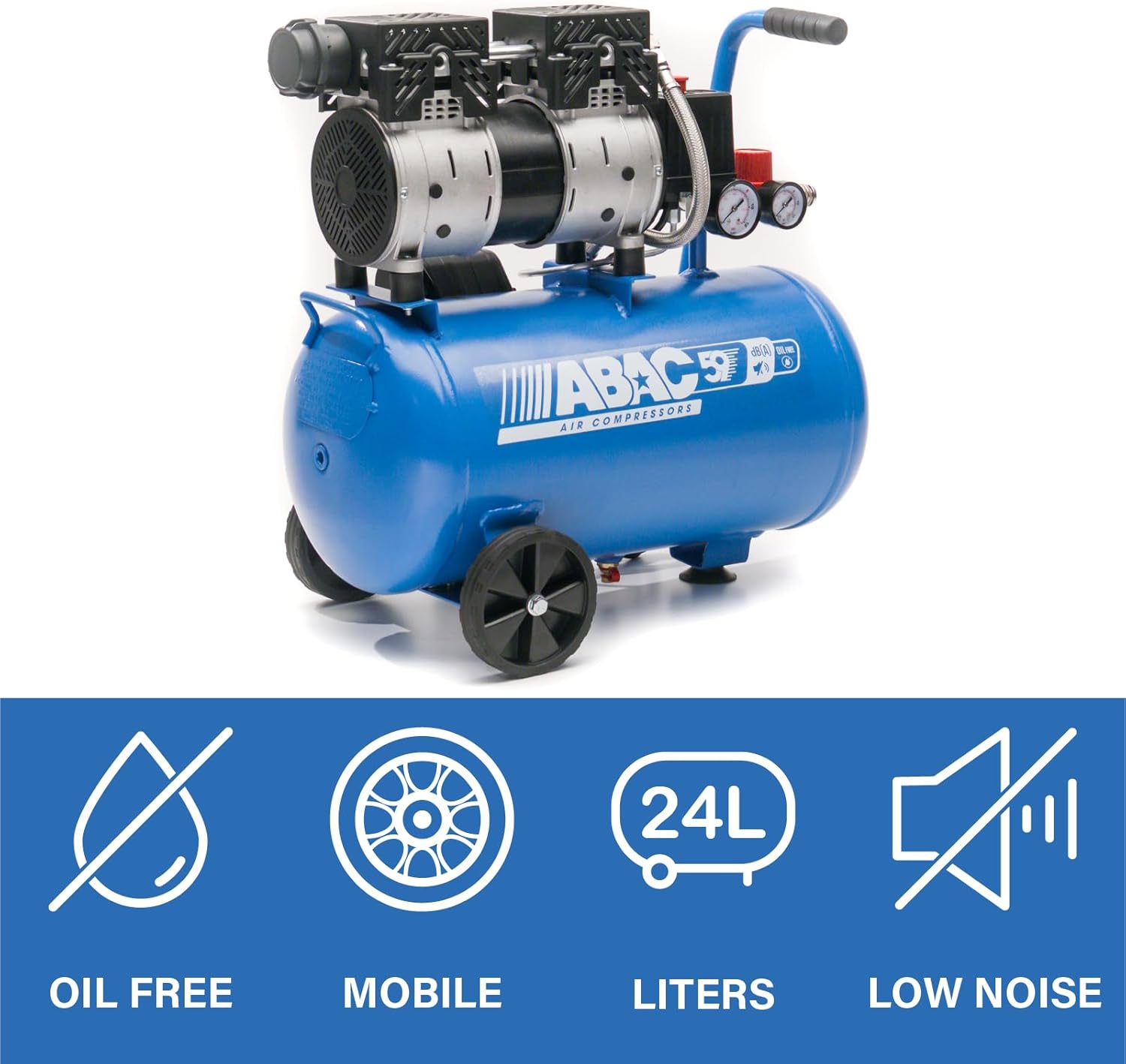 Compresseur d'Air Silencieux EASE-AIR 24, Compresseur d'Air sans Huile, Pression Maximale 8 Bar, Puissance 1 ch, Réservoir 24 litres, Niveau Sonore 59 dB