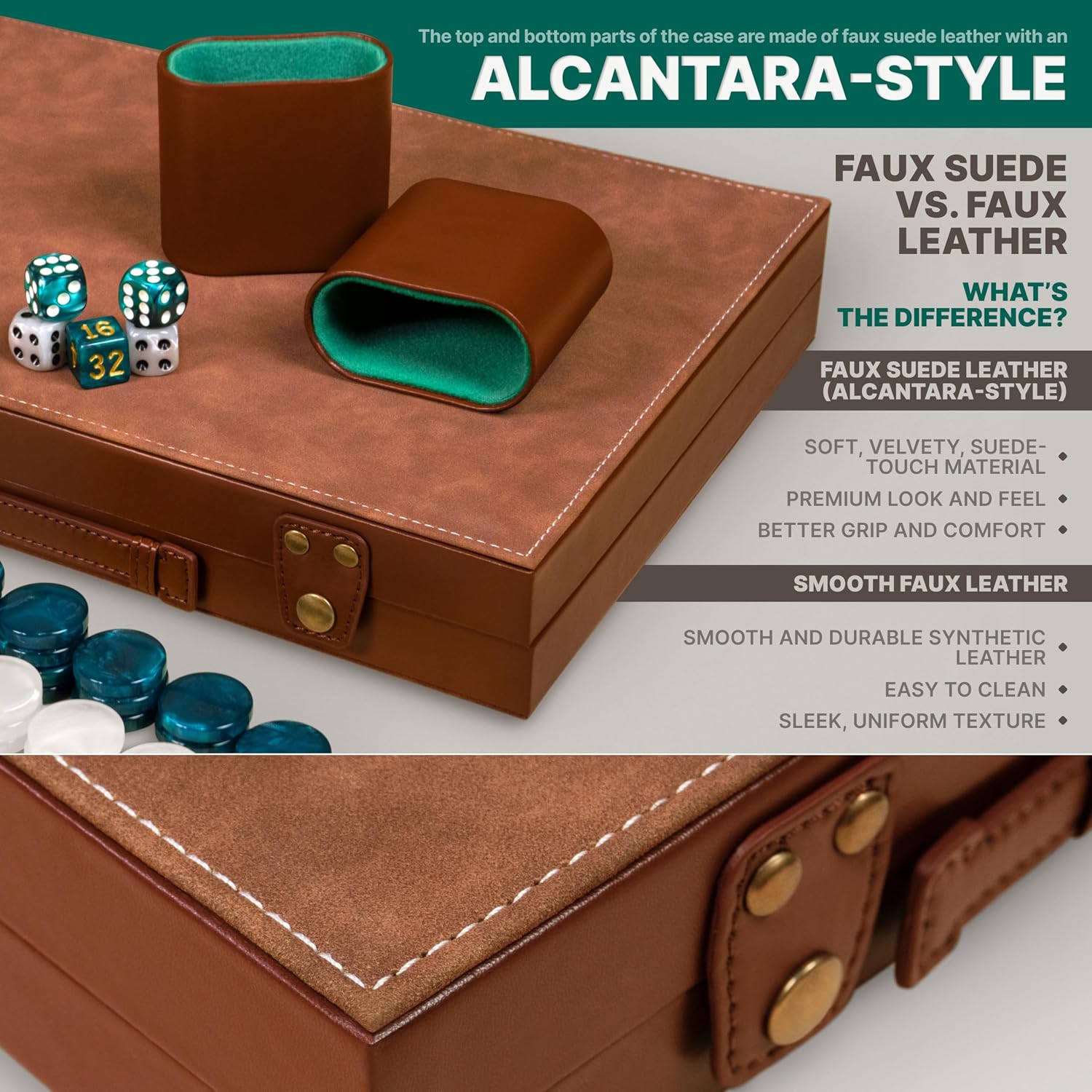 Jeu de Backgammon Luxe 38 cm pour Adultes – Backgammon Voyage Premium Effet Faux Cuir avec 32 Pions, Gobelets à Dés & Cube de Doublement Royal Emerald