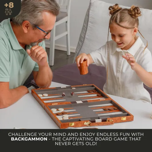 Grand Jeu De Backgammon pour Adultes - Jeux De Société Classiques pour 2 Joueurs Adultes Et Enfants - Jeu De Backgammon Premium avec Plateau 38 Cm Et 32 Pions dans Étui en Cuir PU De Qualité Premium Marron