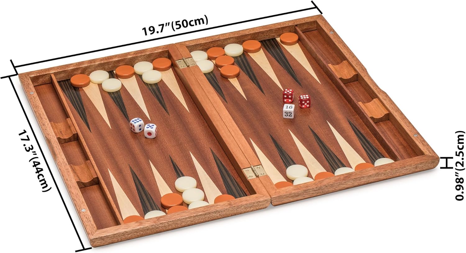 Jeu de Backgammon Incrusté en Bois - Cascadia - avec Pièces de Jeux en Acrylique & Gobelets à Dés en Bois, Plateau de 43 cm