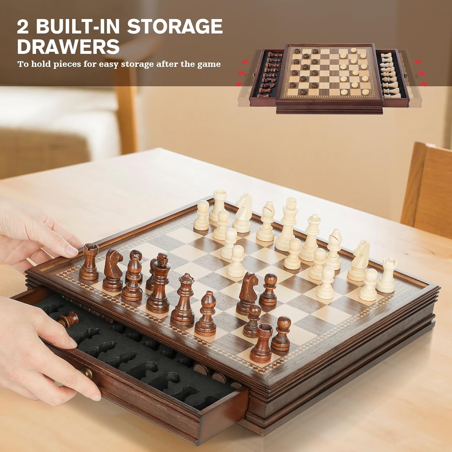 Jeu d'échecs en Bois Échecs Dames avec Tiroir,2 en 1 Echiquier Magnétique de Voyage 32 cm,Jeux Echec de Dames Fait Main pour Enfants Adultes Fête 32×32 cm Marron
