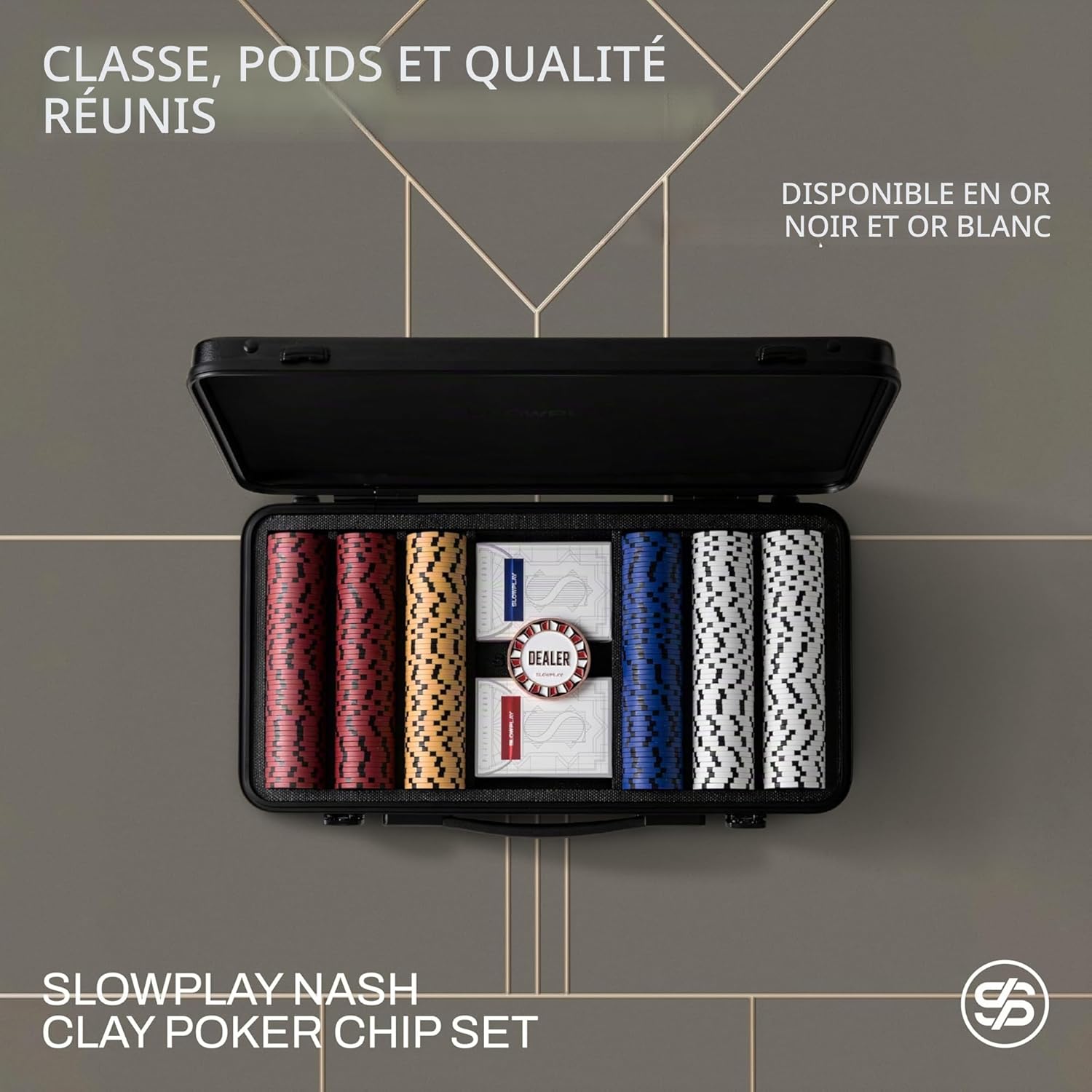 Set Poker Argile Nash, jetons 14 g/40 mm, Texas Hold’em - Édition Black Gold; 500 numérotés (Full Set); mallette premium PC; jetons argile composite; Art déco Black Gold Full Set numéroté de 500pcs(1,5,25,100,500,1000)