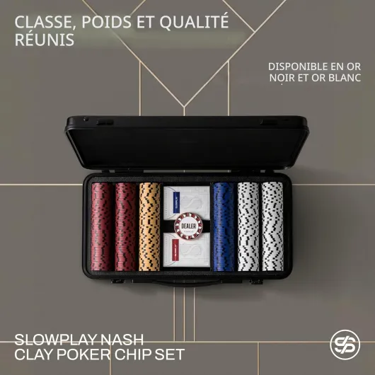 Set Poker Argile Nash, jetons 14 g/40 mm, Texas Hold’em - Édition Black Gold; 500 numérotés (Full Set); mallette premium PC; jetons argile composite; Art déco Black Gold Full Set numéroté de 500pcs(1,5,25,100,500,1000)