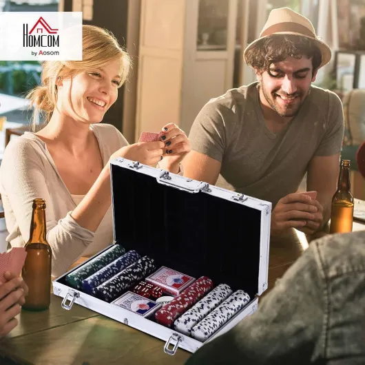 Mallette de Poker Coffret de Poker Complet 300 Jetons 2 Clés Alu - 2 Jeux de Cartes, 5 Dés, Bouton Dealer 38x21x6,5cm Aluminium