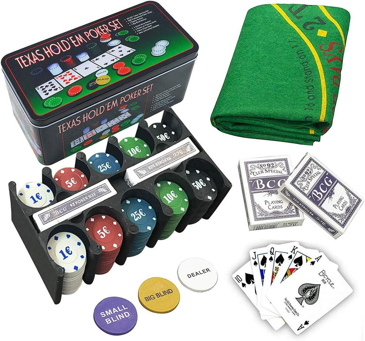 GRUPO FU Poker Set - Metal Box, 200 Jetons de Poker, 2 Couvertures, Bouton Dealer, Small Blind, Large Store, Table de Jeu